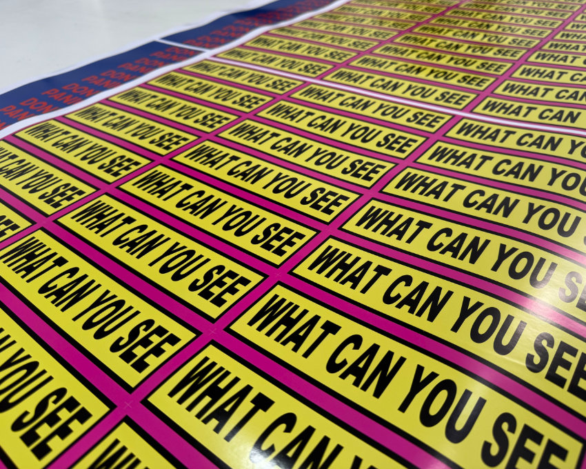 Yellow and pink die-cut bumper stickers reading What Can You See